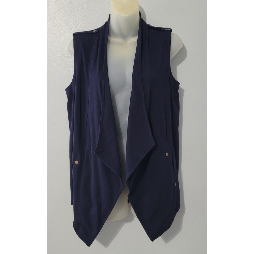 Susan Graver Weekend Sleeveless Cardigan Small Navy Blue Draped Open Front Vest